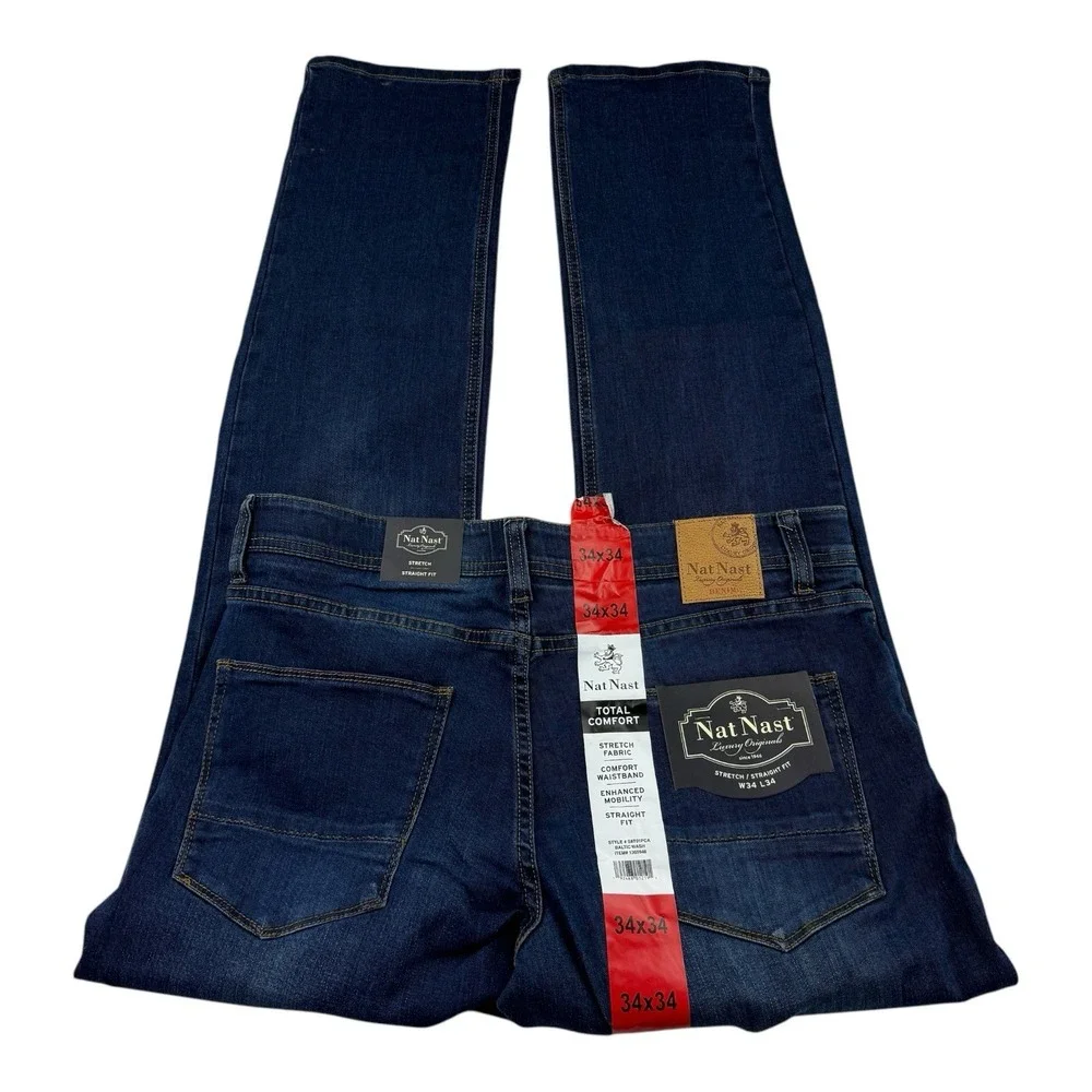 Nat Nast Baltic Wash Blue Stretch Straight Fit‎ 5 Pocket Jeans Men's Size 34x34